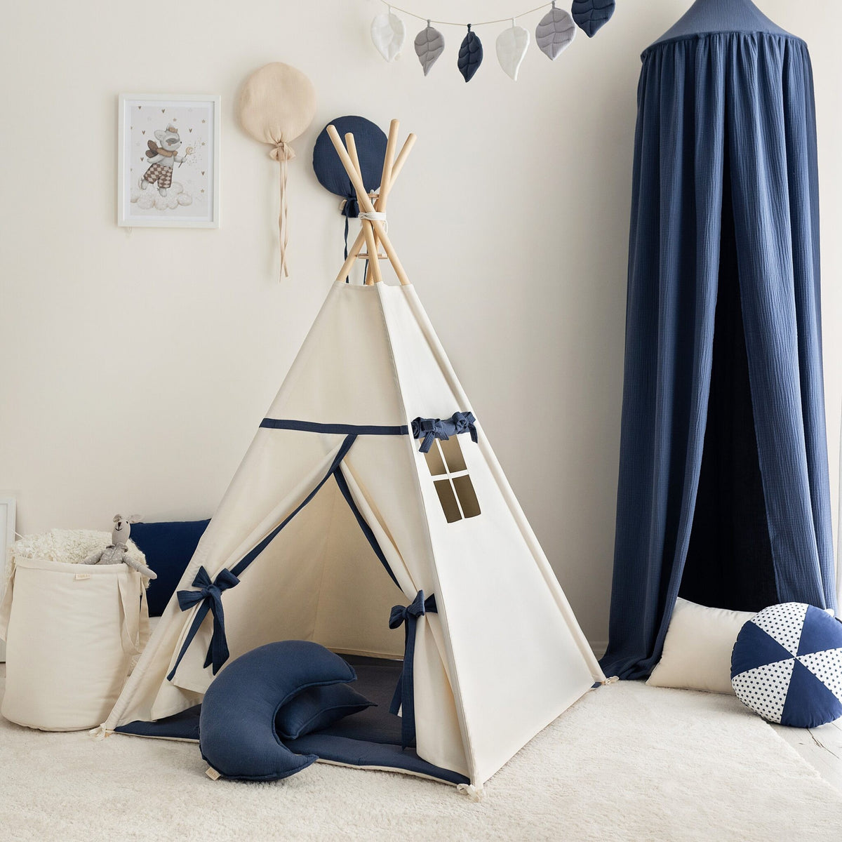 Beige-Navy Blue Teepee Tent – OEKO-TEX® certified cotton teepee tent, handmade in Poland