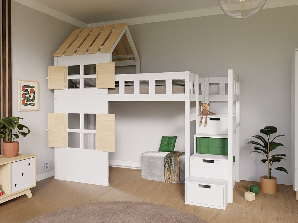 COTTAGE Loft Bed with Half Roof and Storage Stairs – 90x200 cm