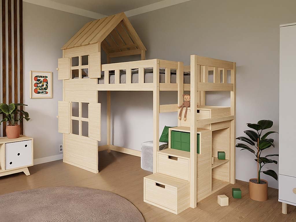 COTTAGE Loft Bed with Half Roof and Storage Stairs – 90x200 cm