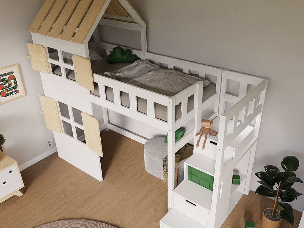 COTTAGE Loft Bed with Half Roof and Storage Stairs – 90x200 cm