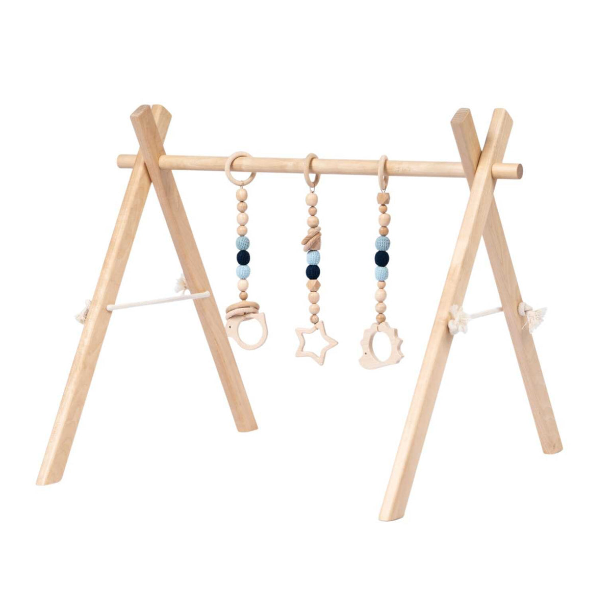 Wooden Baby Gym with Blue Toys – Montessori Play Arch