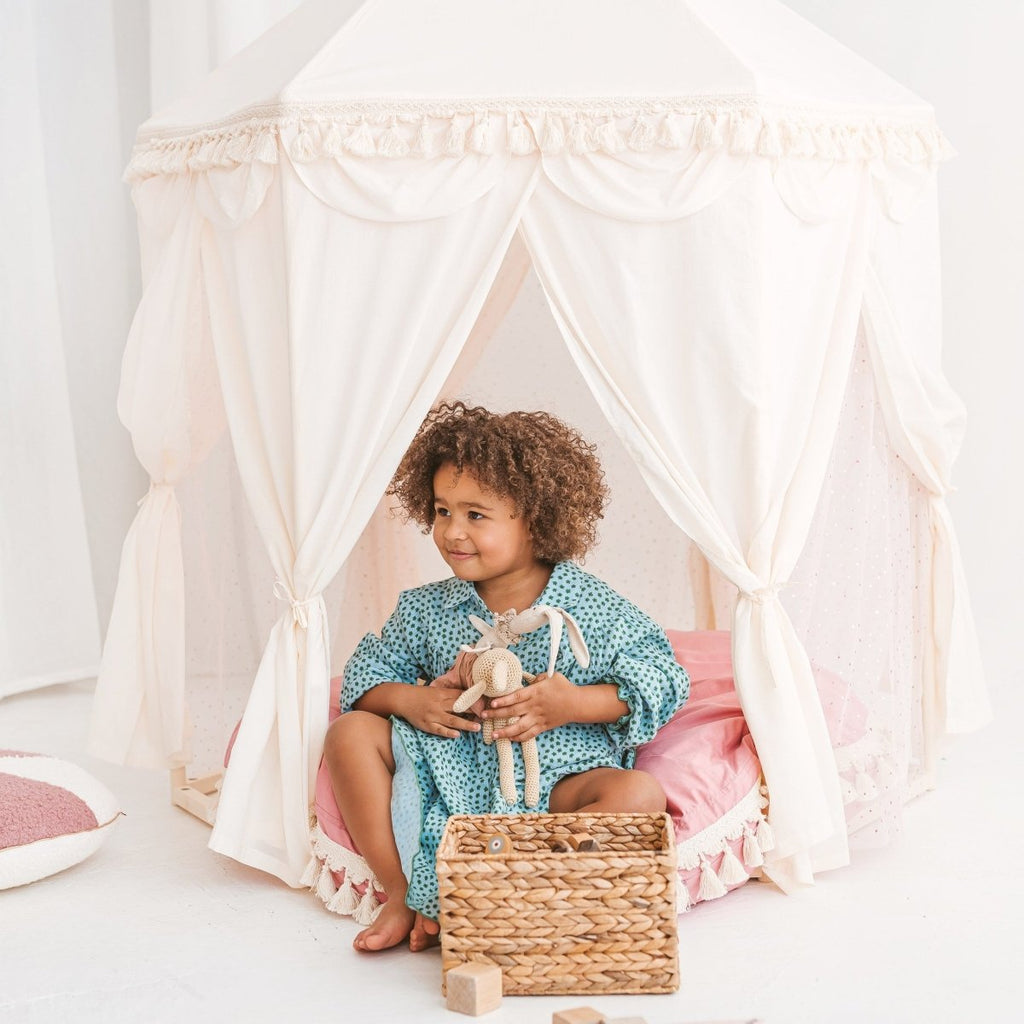 Boho Indoor Pavilion Playhouse Tent with Tulle & Tassels - 120 x 120 cm - Tiny Tugz™