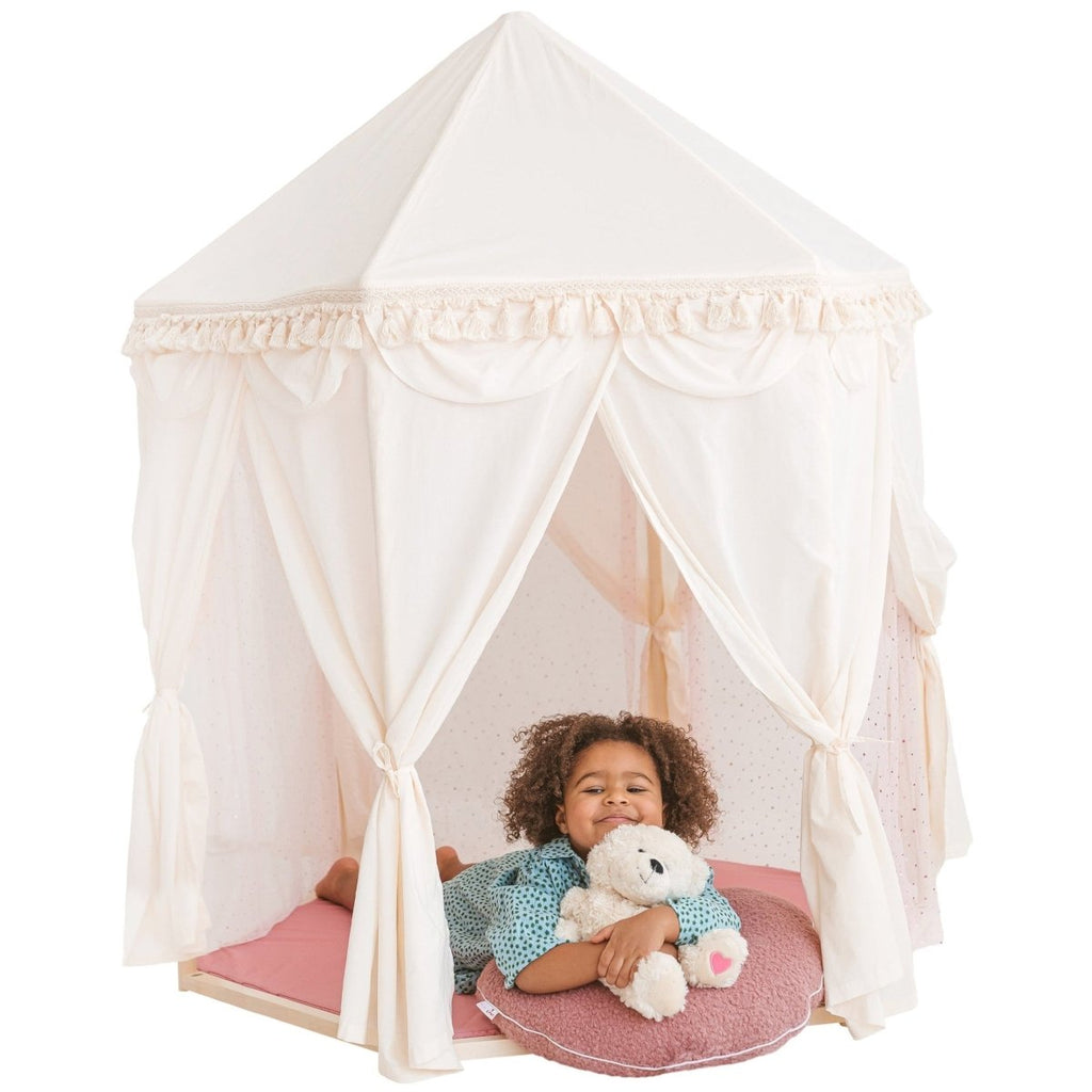 Boho Indoor Pavilion Playhouse Tent with Tulle & Tassels - 120 x 120 cm - Tiny Tugz™