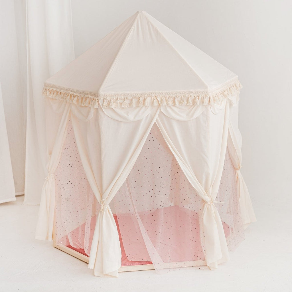 Boho Indoor Pavilion Playhouse Tent with Tulle & Tassels - 120 x 120 cm - Tiny Tugz™