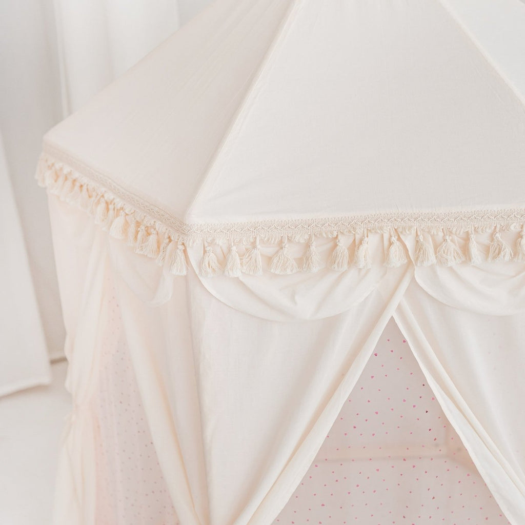 Boho Indoor Pavilion Playhouse Tent with Tulle & Tassels - 120 x 120 cm - Tiny Tugz™