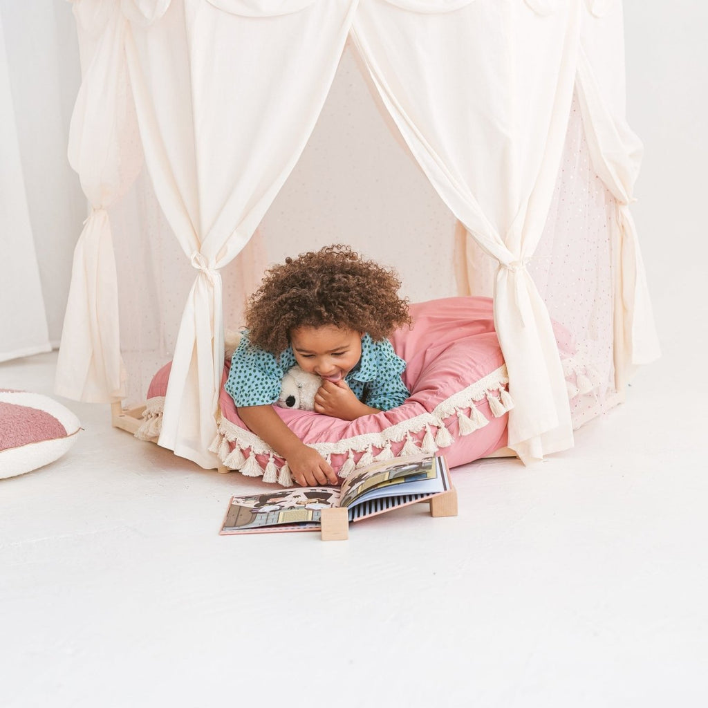 Boho Indoor Pavilion Playhouse Tent with Tulle & Tassels - 120 x 120 cm - Tiny Tugz™