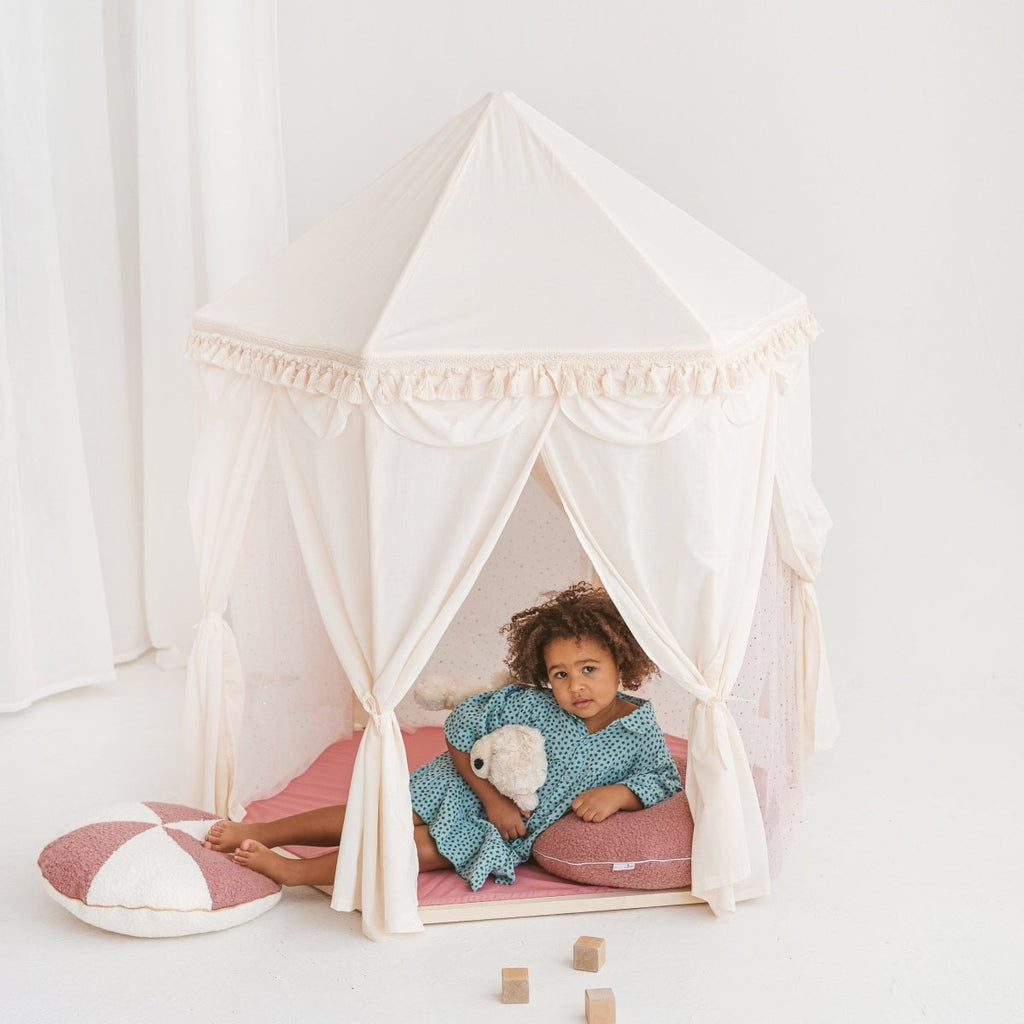 Boho Indoor Pavilion Playhouse Tent with Tulle & Tassels - 120 x 120 cm - Tiny Tugz™