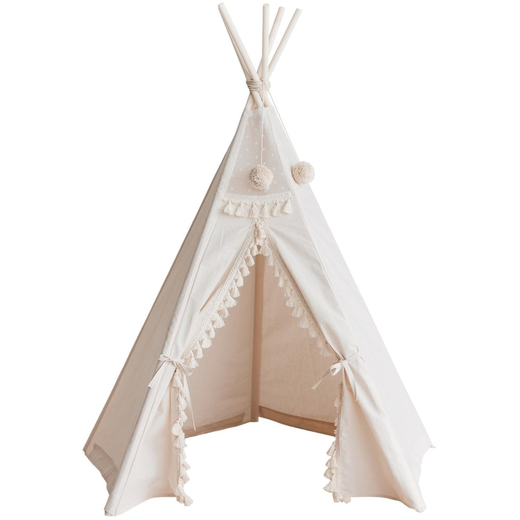 Boho Kids Teepee with Tassels - Ecru - Cotton Canvas & Wooden Poles - Tiny Tugz™