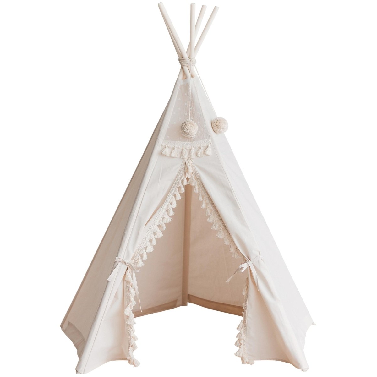 Boho Kids Teepee with Tassels - Ecru - Cotton Canvas & Wooden Poles - Tiny Tugz™