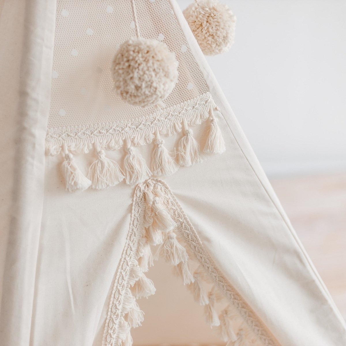 Boho Kids Teepee with Tassels - Ecru - Cotton Canvas & Wooden Poles - Tiny Tugz™