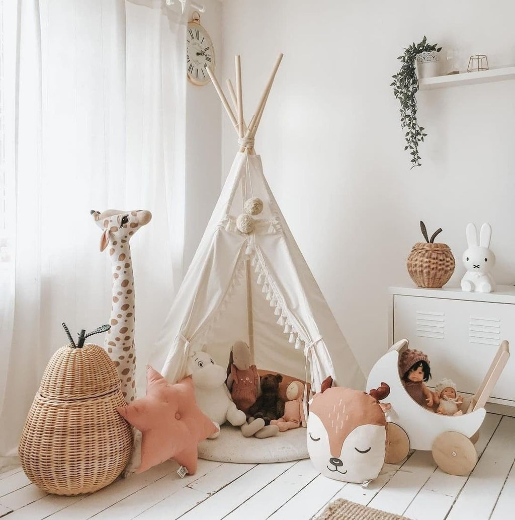 Boho Kids Teepee with Tassels - Ecru - Cotton Canvas & Wooden Poles - Tiny Tugz™