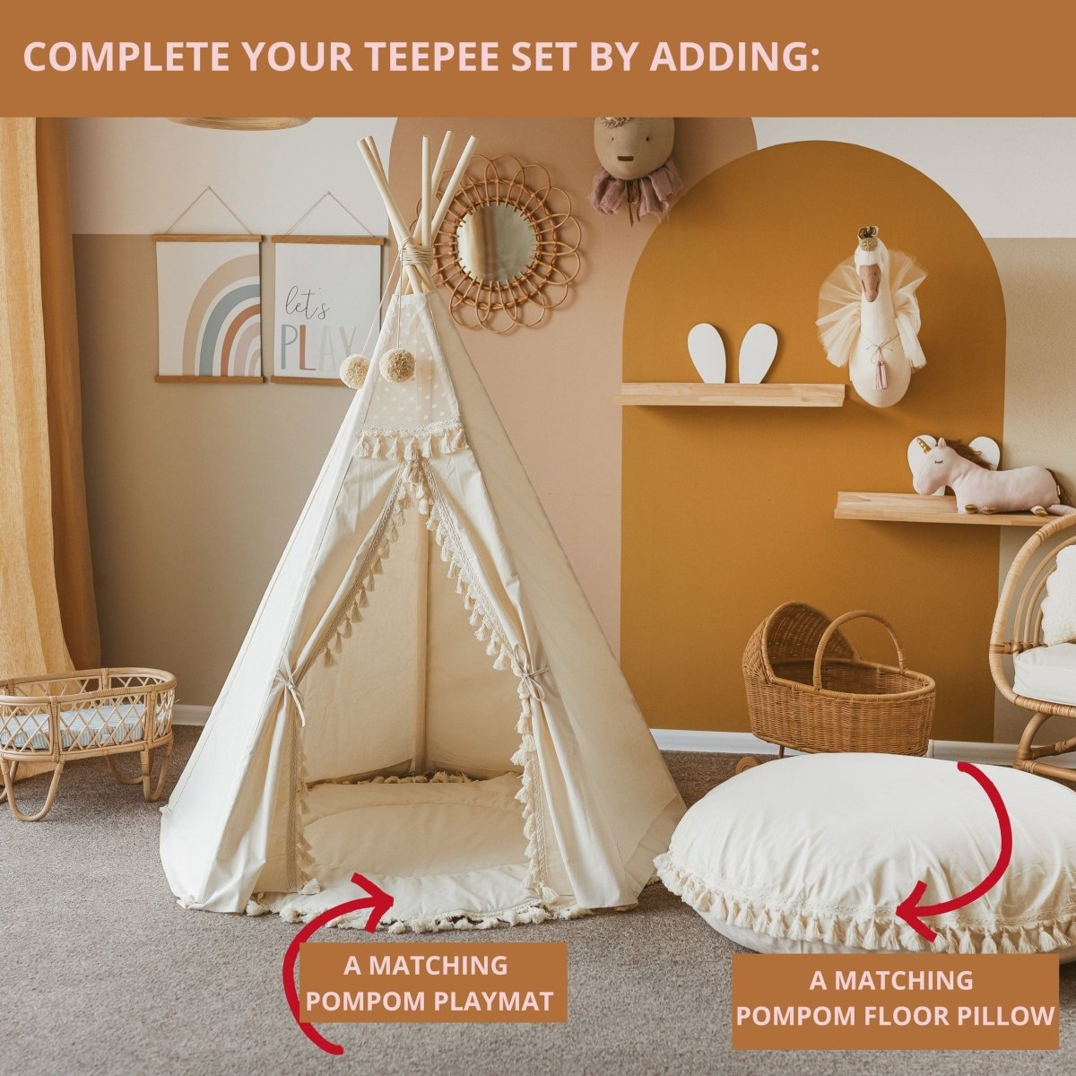 Boho Kids Teepee with Tassels - Ecru - Cotton Canvas & Wooden Poles - Tiny Tugz™