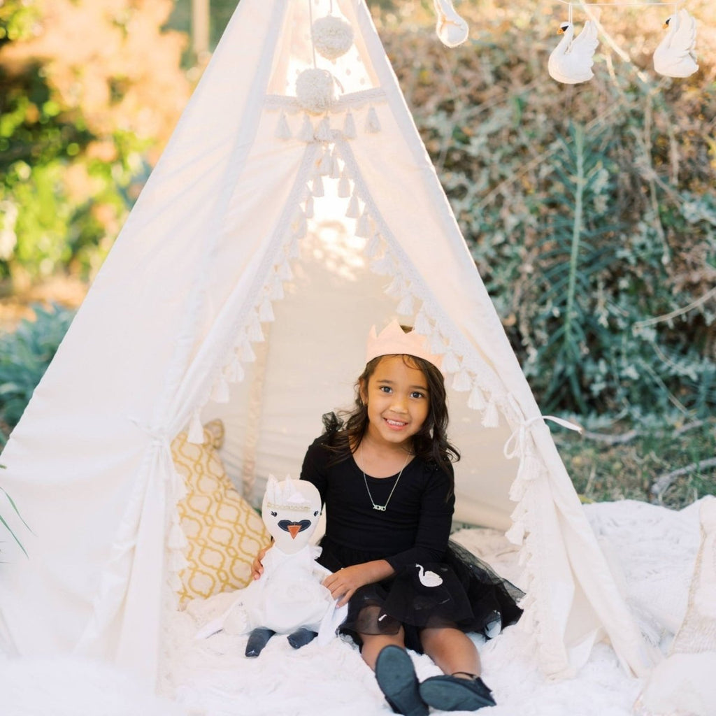 Boho Kids Teepee with Tassels - Ecru - Cotton Canvas & Wooden Poles - Tiny Tugz™