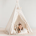 Boho Kids Teepee with Tassels - Ecru - Cotton Canvas & Wooden Poles - Tiny Tugz™