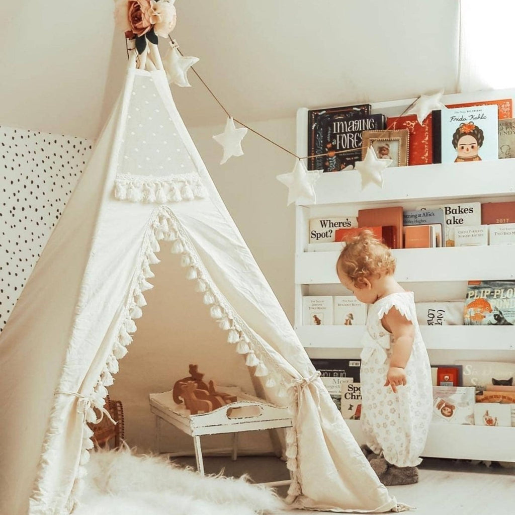 Boho Kids Teepee with Tassels - Ecru - Cotton Canvas & Wooden Poles - Tiny Tugz™