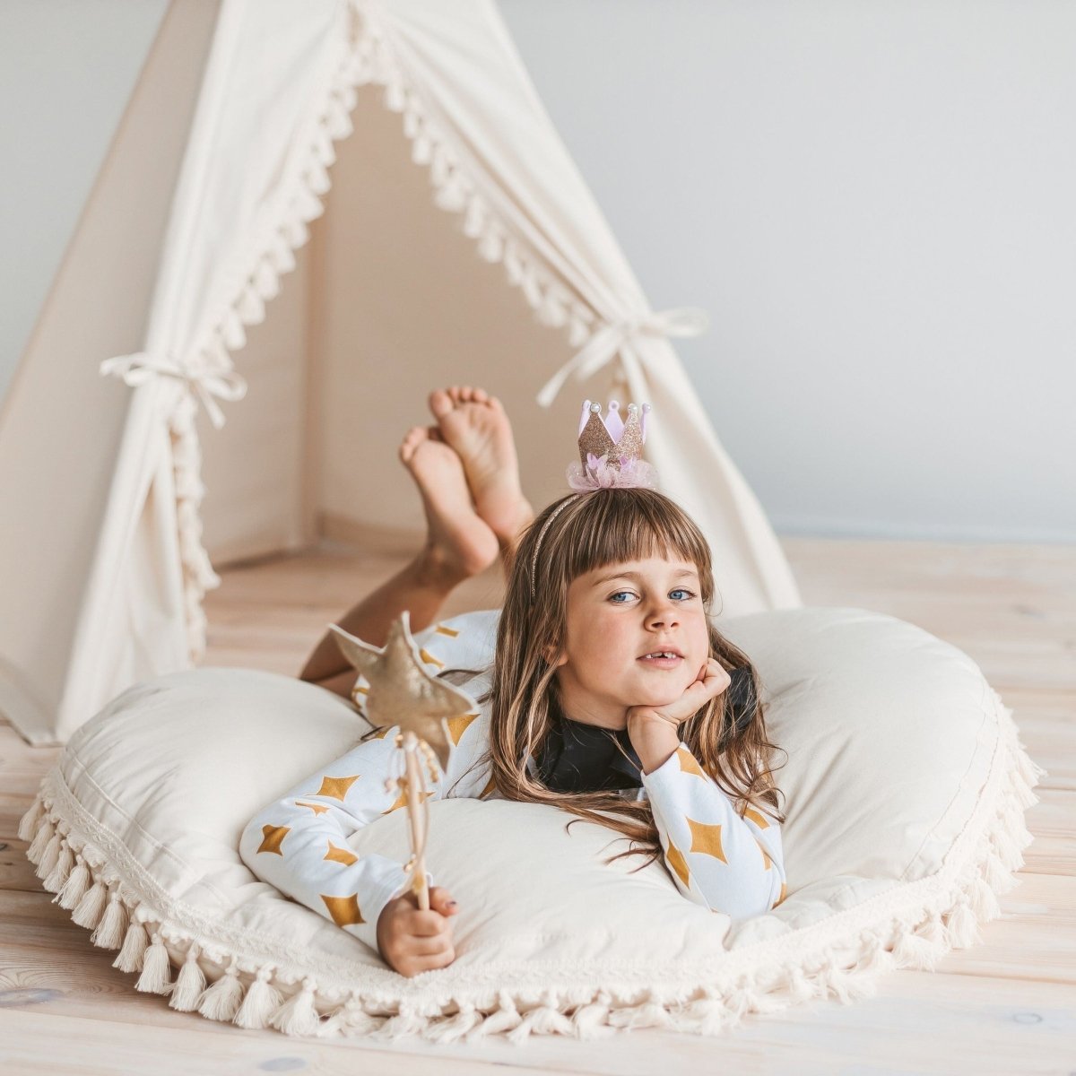 Boho Kids Teepee with Tassels - Ecru - Cotton Canvas & Wooden Poles - Tiny Tugz™