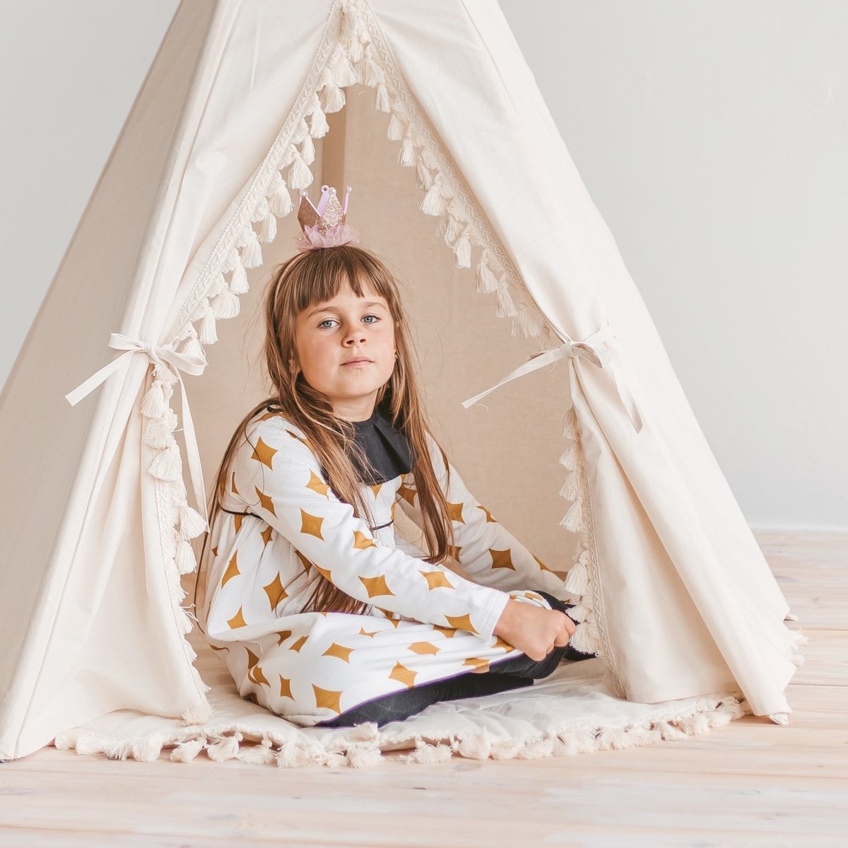 Boho Kids Teepee with Tassels - Ecru - Cotton Canvas & Wooden Poles - Tiny Tugz™