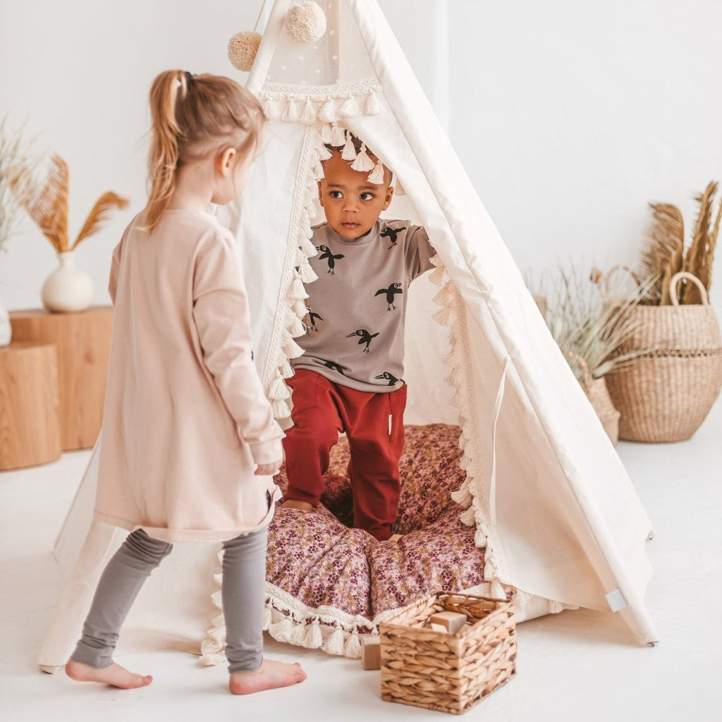 Boho Kids Teepee with Tassels - Ecru - Cotton Canvas & Wooden Poles - Tiny Tugz™