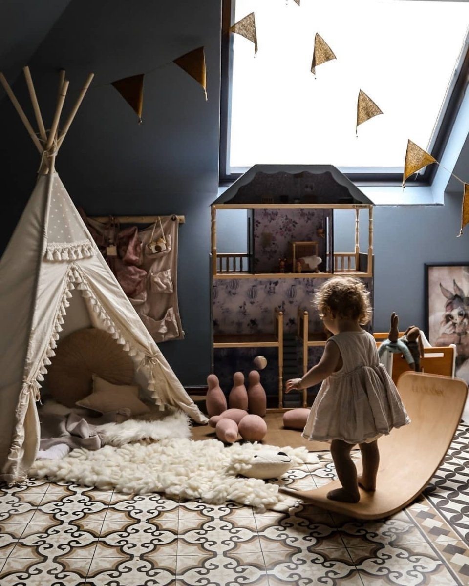 Boho Kids Teepee with Tassels - Ecru - Cotton Canvas & Wooden Poles - Tiny Tugz™