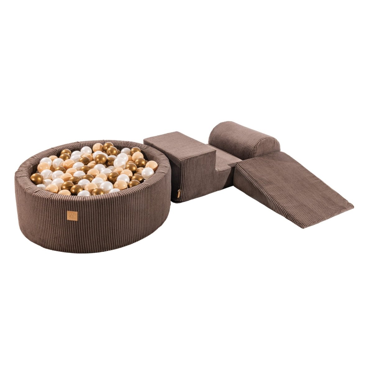 Brown Foam Play Set with Ball Pit, 4-Piece Soft Play (1–3y) – Gold & White Pearl Balls - Tiny Tugz™