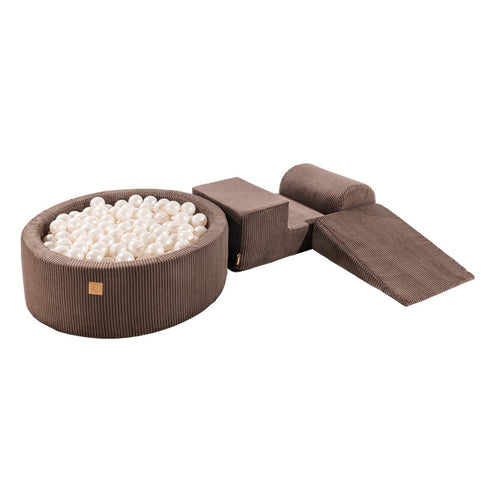 Brown Foam Play Set with Ball Pit, 4-Piece Soft Play (1–3y) – White Pearl Balls - Tiny Tugz™