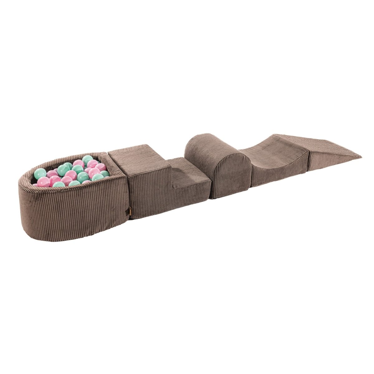 Brown Foam Play Set with Small Ball Pit, 5-Piece (1–3y) – Pastel Pink & Mint Balls - Tiny Tugz™