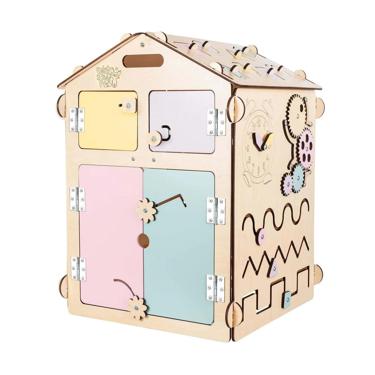 Busy Board House – Natura Pastel, Limited Edition – handmade wooden Montessori activity house, made in Czech Republic