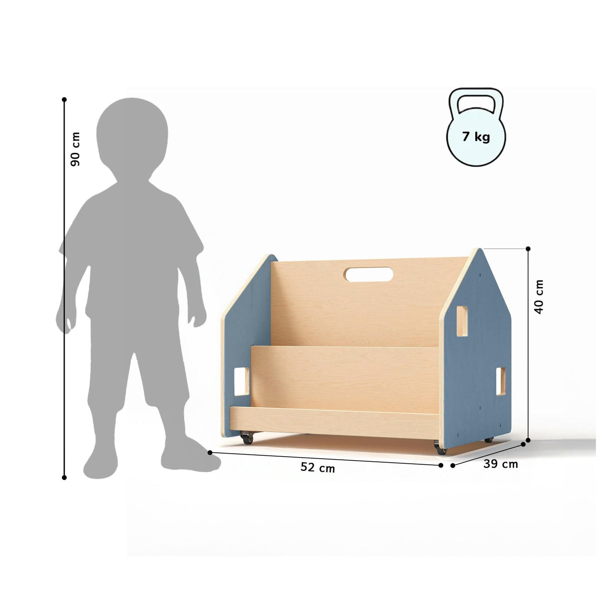 Double-Sided Bookshelf on Wheels – Light Blue – handmade wooden bookshelf, made in Czech Republic