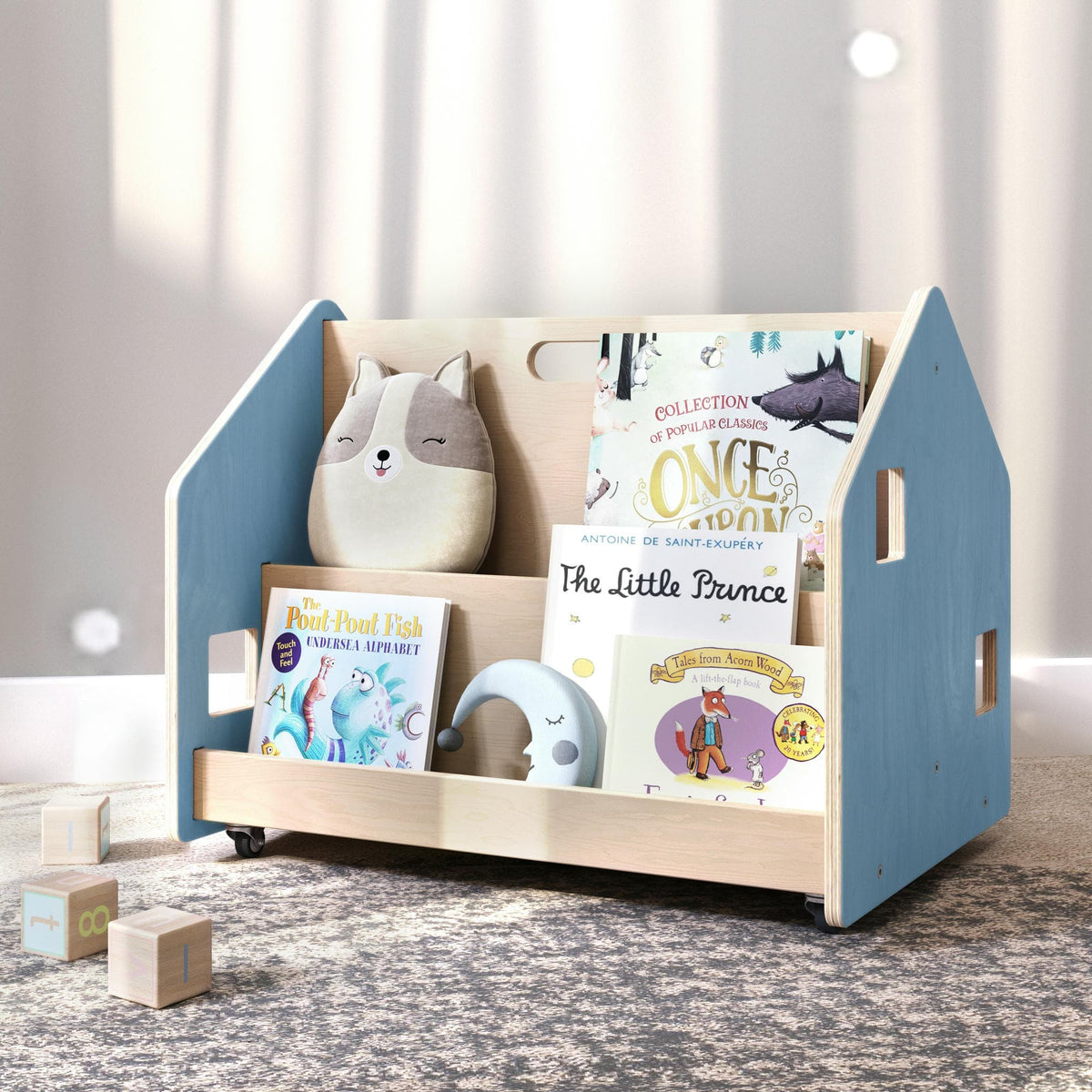 Double-Sided Bookshelf on Wheels – Light Blue – handmade wooden bookshelf, made in Czech Republic