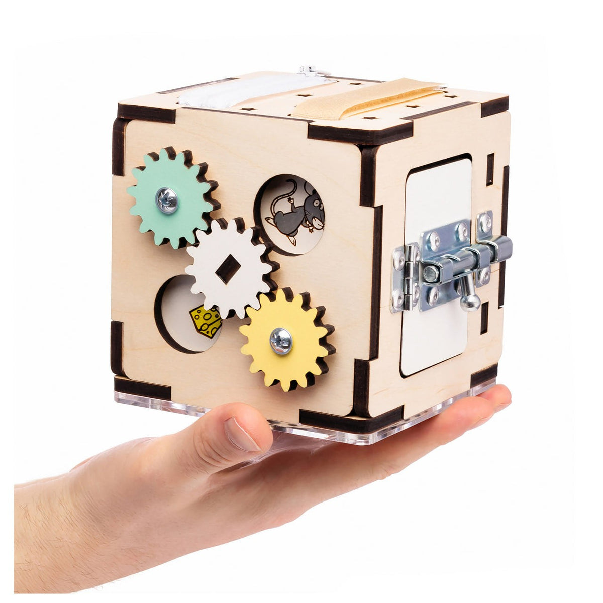 Mini Activity Cube – handmade wooden travel activity toy, made in Czech Republic