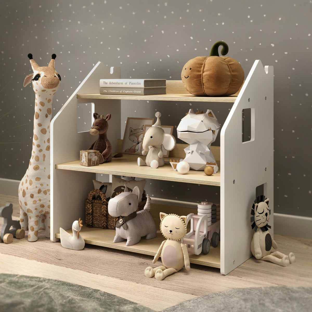 Montessori Toy Storage Shelf – Grey and White – handmade wooden toy storage, made in Czech Republic