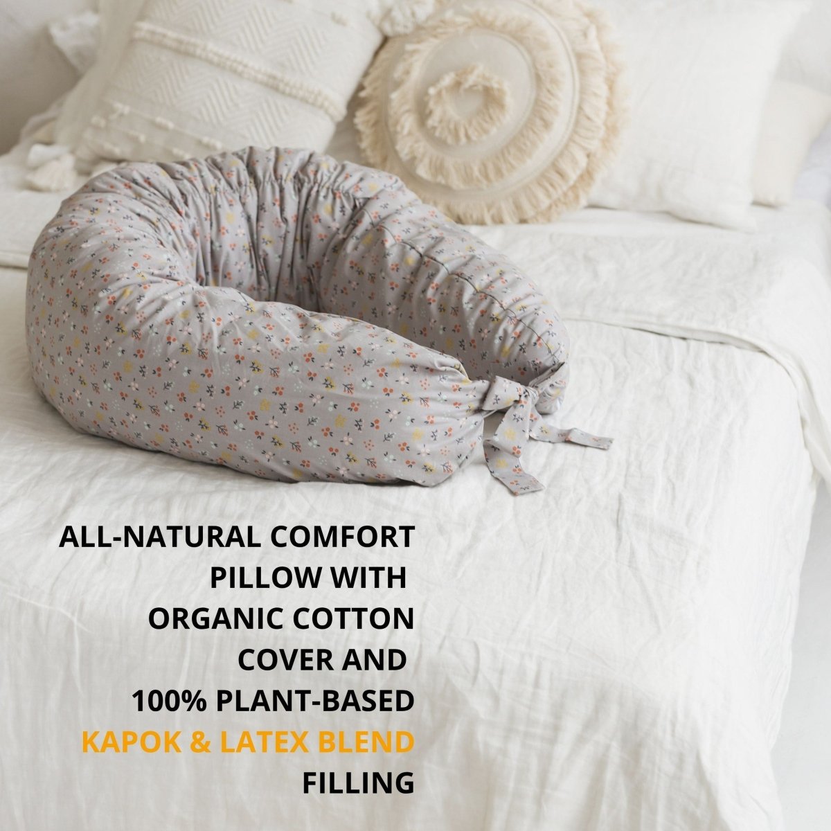 C-Shaped Body Pillow - Organic Cotton Cover - Grey Floral - 180 cm - Tiny Tugz™