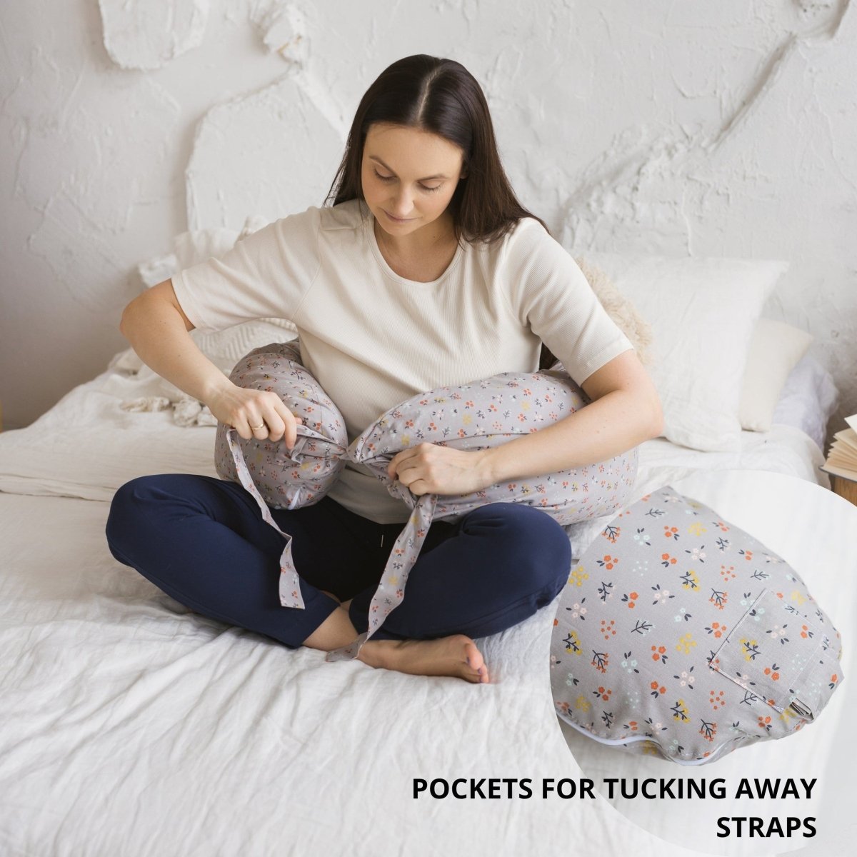 C-Shaped Body Pillow - Organic Cotton Cover - Grey Floral - 180 cm - Tiny Tugz™