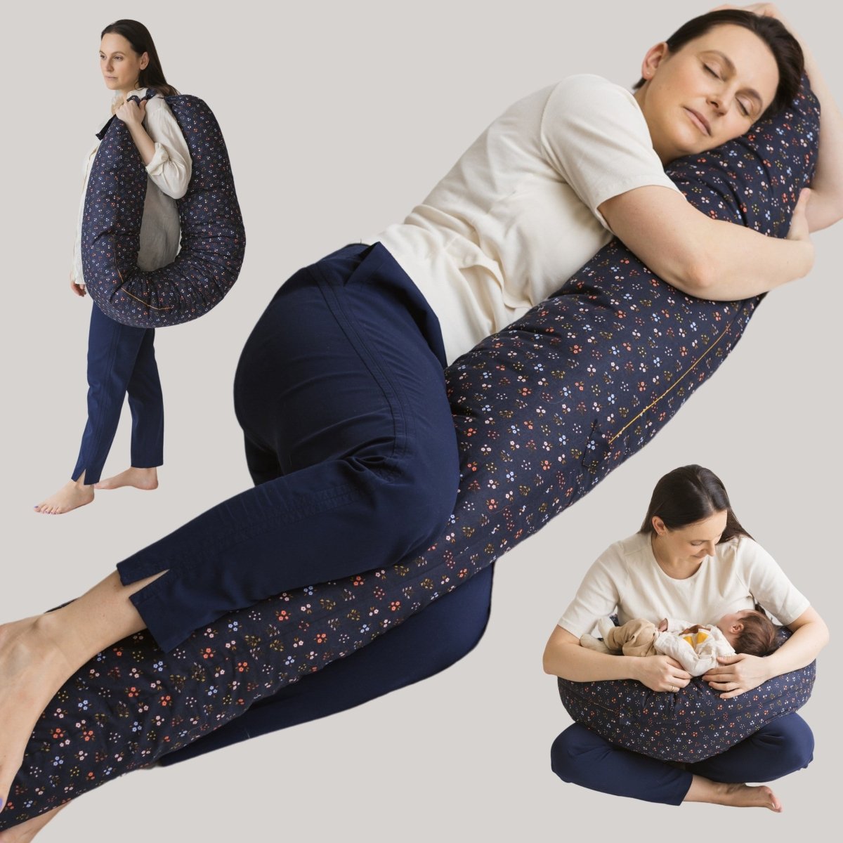 C-Shaped Body Pillow - Organic Cotton Cover - Navy Floral - 180 cm - Tiny Tugz™
