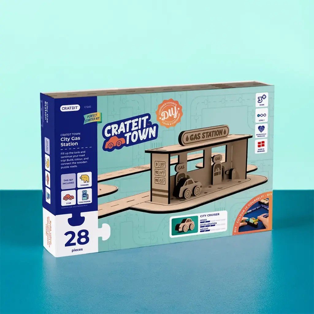 City Gas Station - Colour-Your-Own Wooden Petrol Station Play Set - Tiny Tugz™
