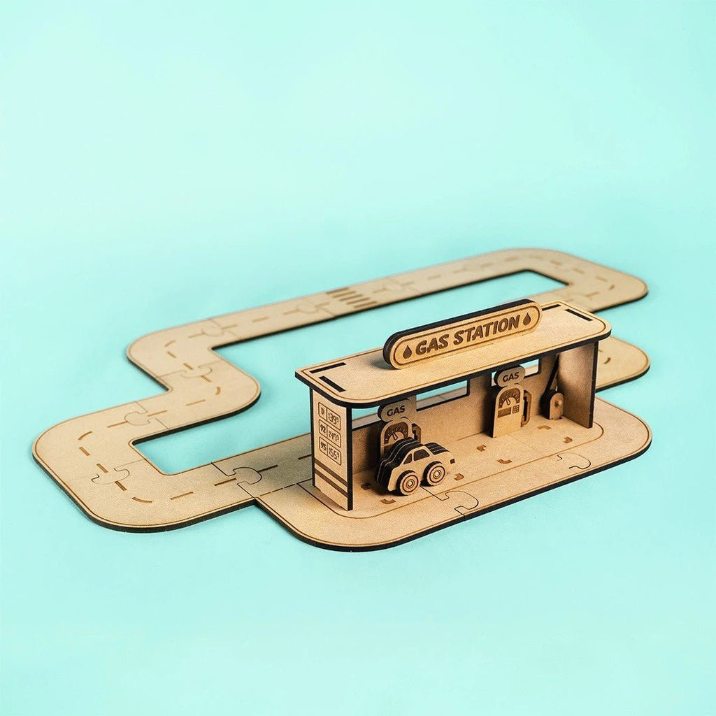 City Gas Station - Colour-Your-Own Wooden Petrol Station Play Set - Tiny Tugz™