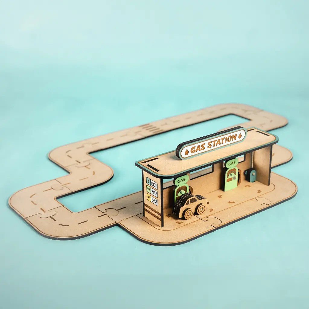 City Gas Station - Colour-Your-Own Wooden Petrol Station Play Set - Tiny Tugz™