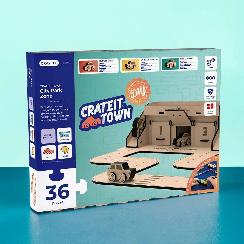 City Park Zone - Colour-Your-Own Wooden Car Park Play Set - Tiny Tugz™