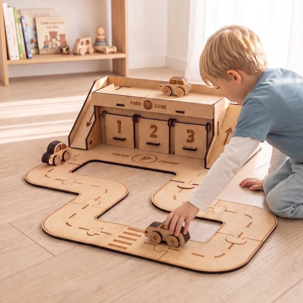 City Park Zone - Colour-Your-Own Wooden Car Park Play Set - Tiny Tugz™