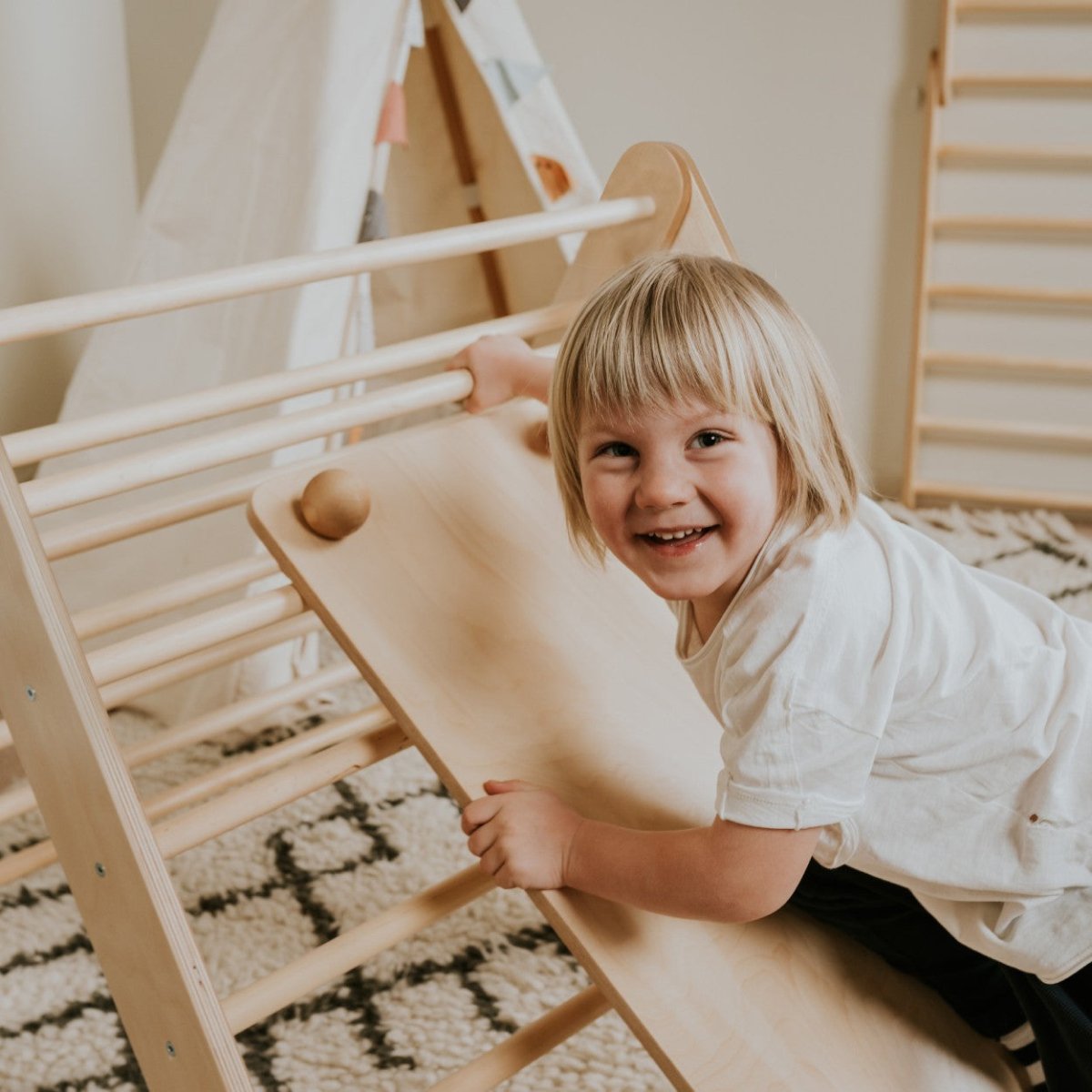 Climbing Ramp & Slide 2-in-1 for Triangle Climber & Swedish Wall – Natural Wood - Tiny Tugz™