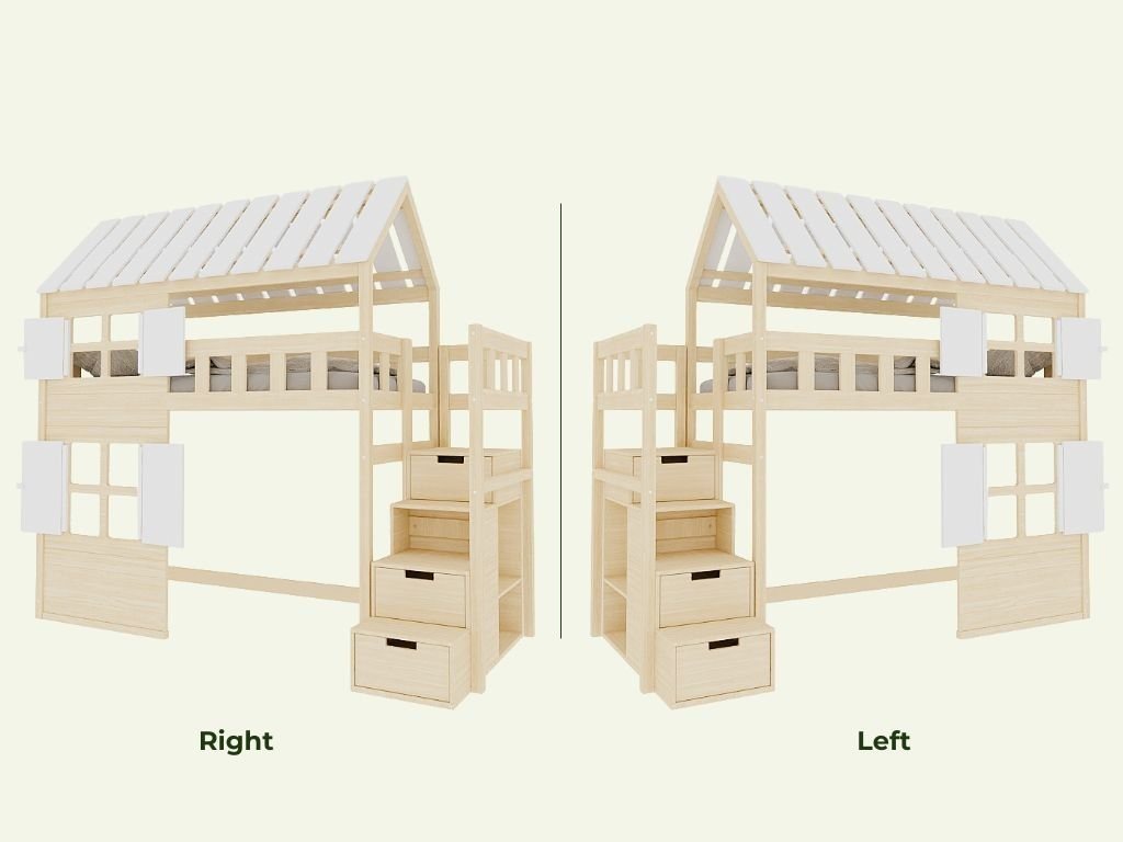 COTTAGE Loft House Bed 90x200 with Full Roof & Storage Stairs - Solid Spruce - Tiny Tugz™