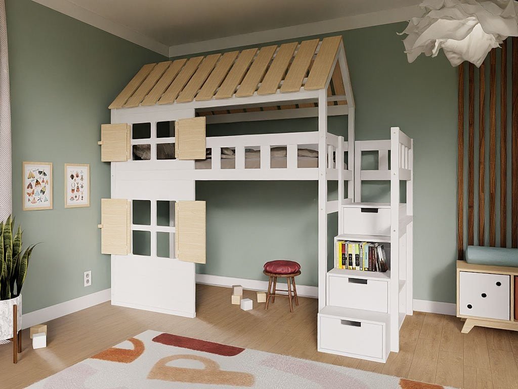 COTTAGE Loft House Bed 90x200 with Full Roof & Storage Stairs - Solid Spruce - Tiny Tugz™