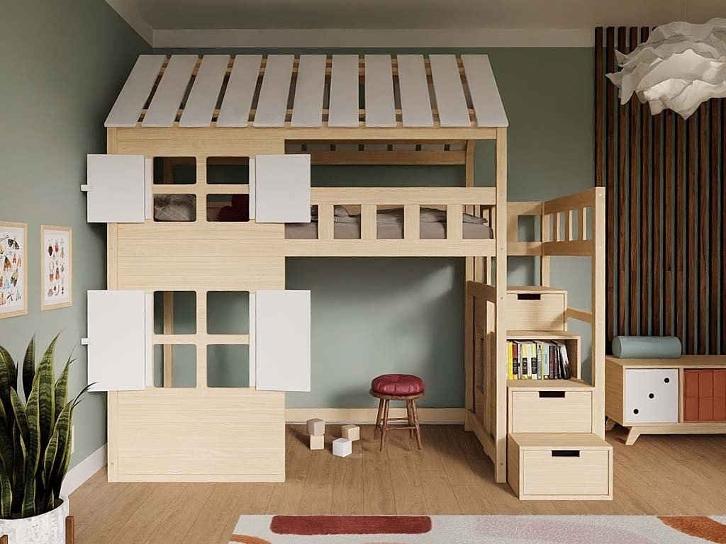 COTTAGE Loft House Bed 90x200 with Full Roof & Storage Stairs - Solid Spruce - Tiny Tugz™