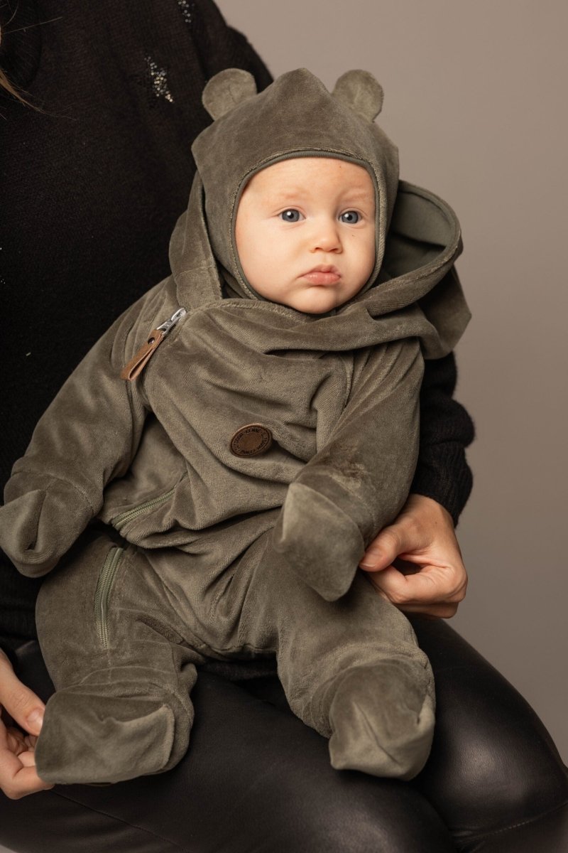 Cotton Velvet & Merino Wool Baby Overall – Khaki Green - Tiny Tugz™