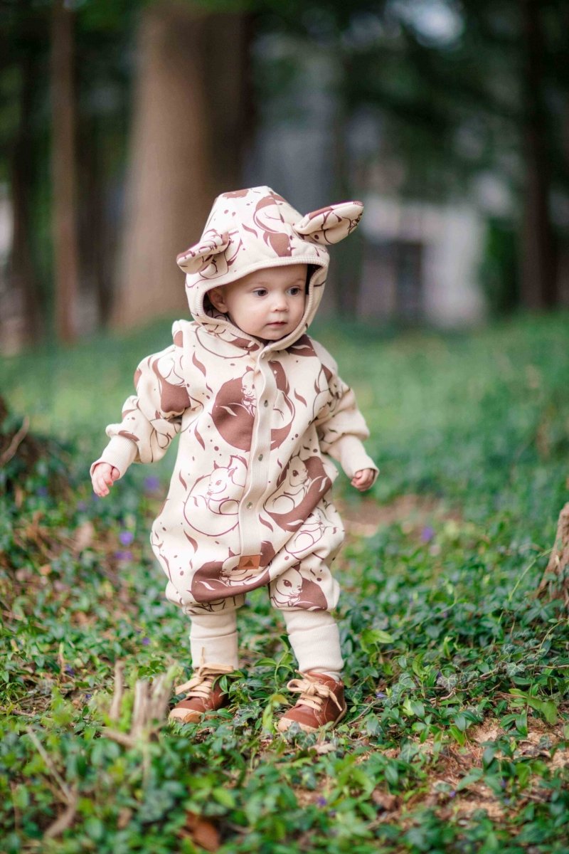 Cozy Cotton Eared Jumpsuit for Babies & Kids (Beige Squirrel) - Tiny Tugz™