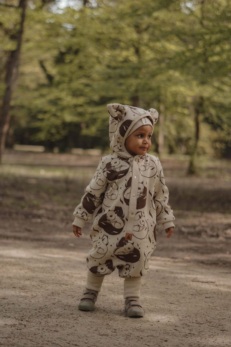 Cozy Cotton Eared Jumpsuit for Babies & Kids (Beige Squirrel) - Tiny Tugz™