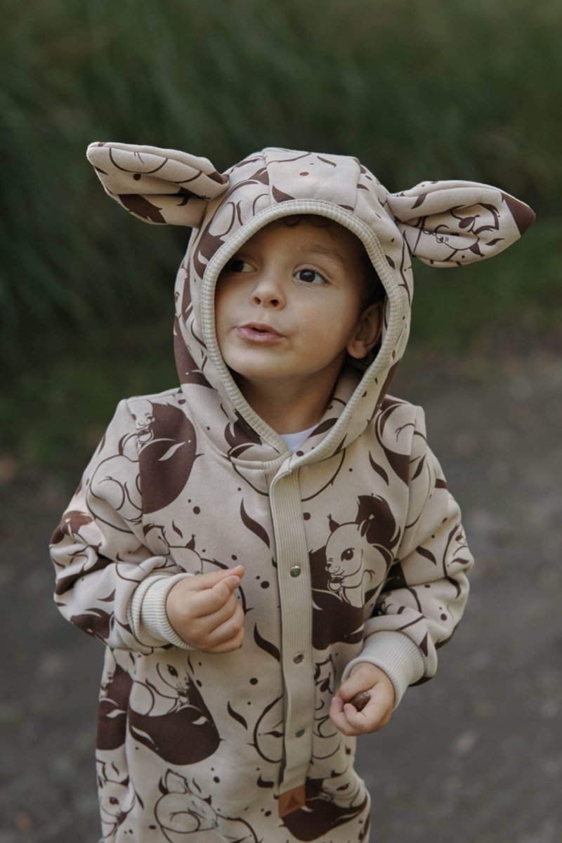 Cozy Cotton Eared Jumpsuit for Babies & Kids (Beige Squirrel) - Tiny Tugz™