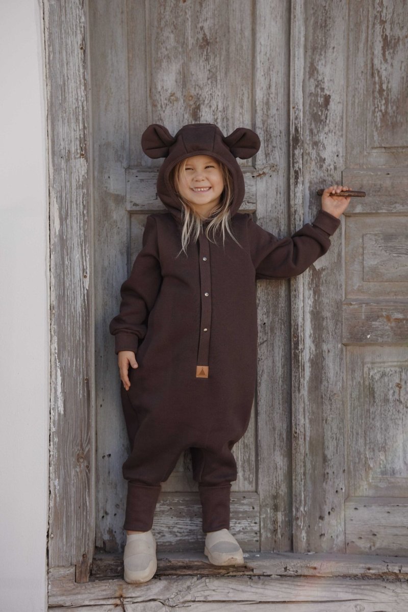 Cozy Cotton Eared Jumpsuit for Babies & Kids (Chocolate) - Tiny Tugz™