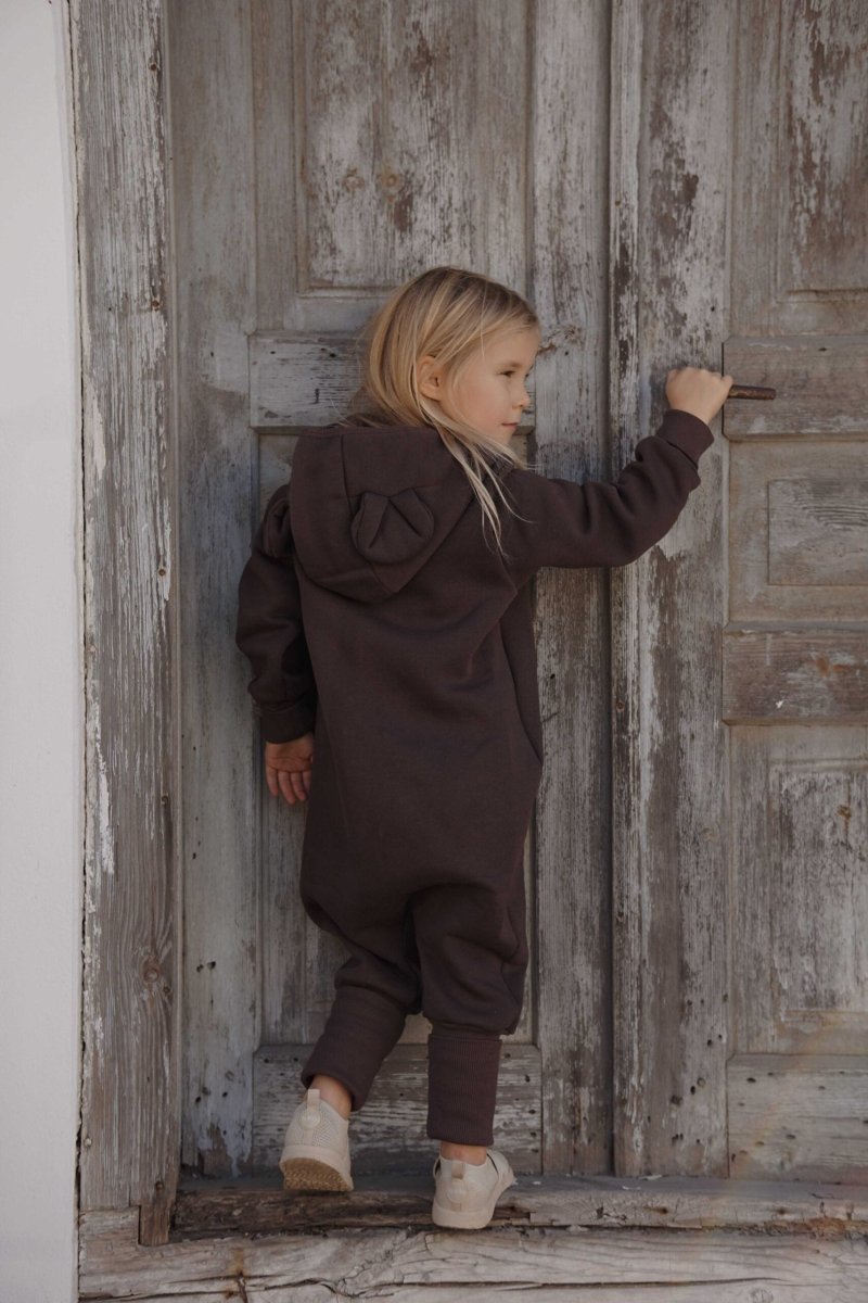 Cozy Cotton Eared Jumpsuit for Babies & Kids (Chocolate) - Tiny Tugz™