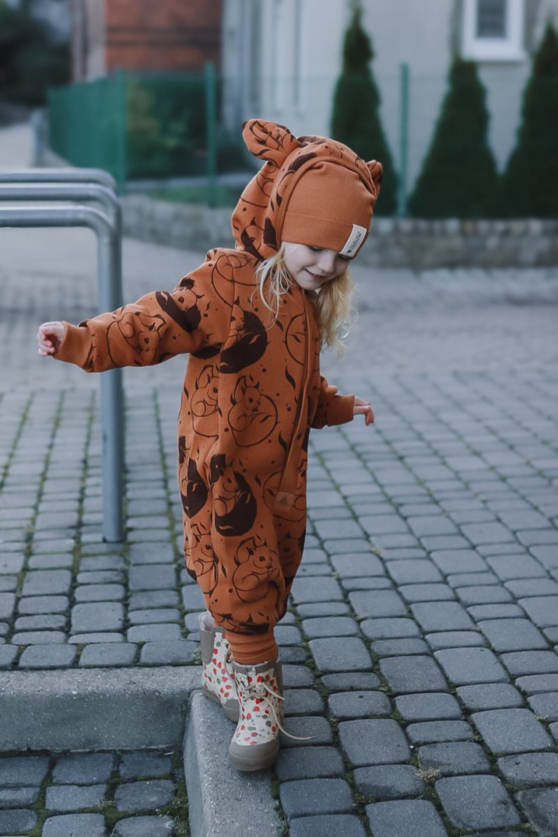 Cozy Cotton Eared Jumpsuit for Babies & Kids (Cinnamon Squirrel) - Tiny Tugz™